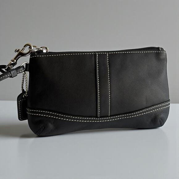 Coach Handbags - Vintage COACH Black Leather Wristlet Contrast Stitching Y2K Silver